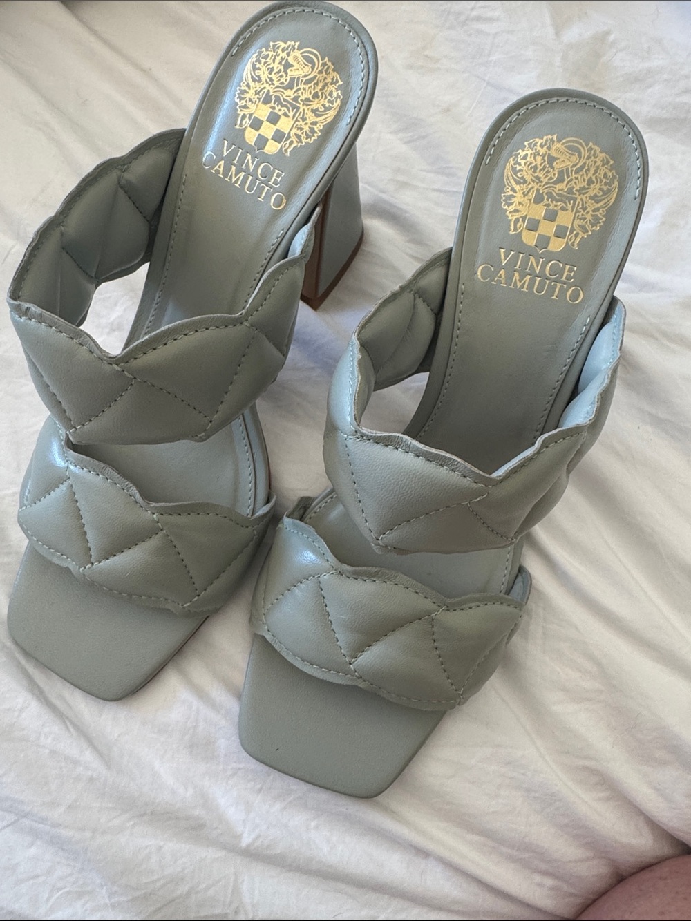 Vince Camuto Quilted Double-Strap Block Heel Sandals in Light Gray